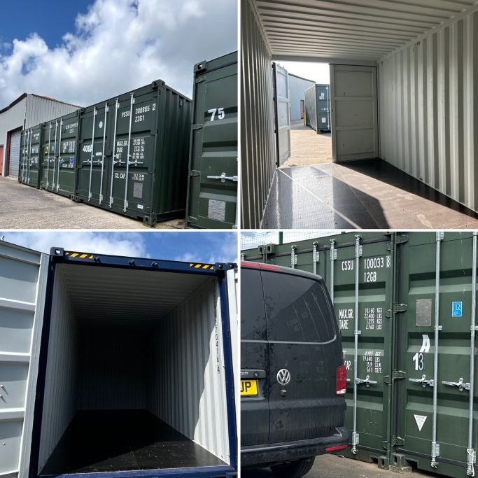 Various shipping containers in a storage area, showing different angles and interiors.