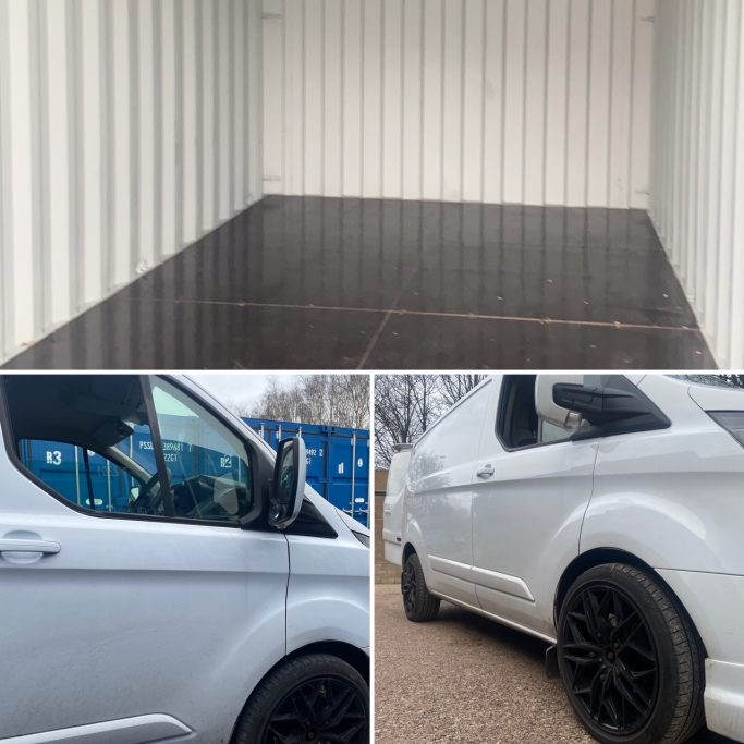 Empty shipping container interior and white van with black alloy wheels.