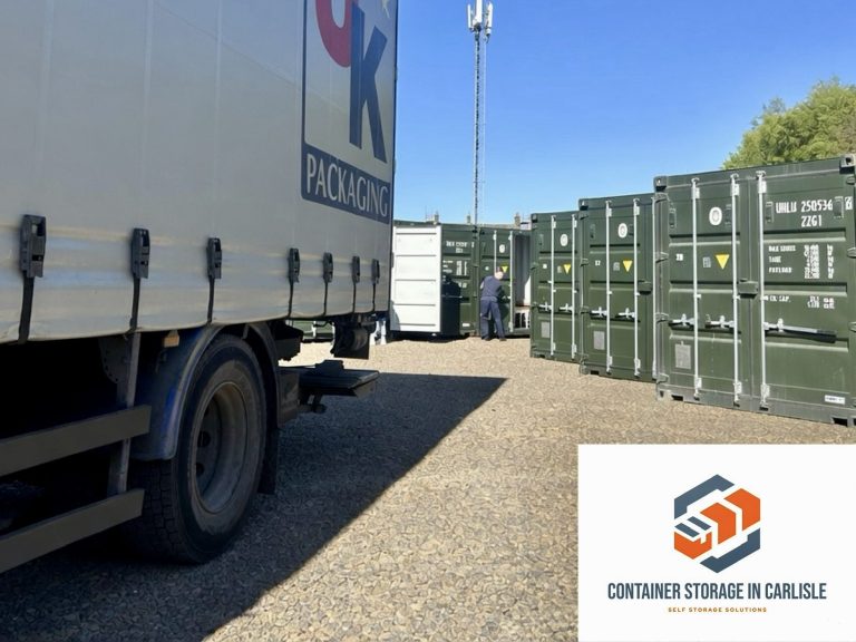 Lorry access area with shipping containers and a vehicle in the background.