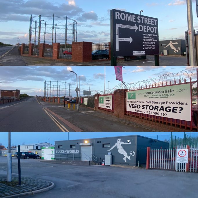Industrial site entrance with signage for Rome Street Depot and storage facilities.