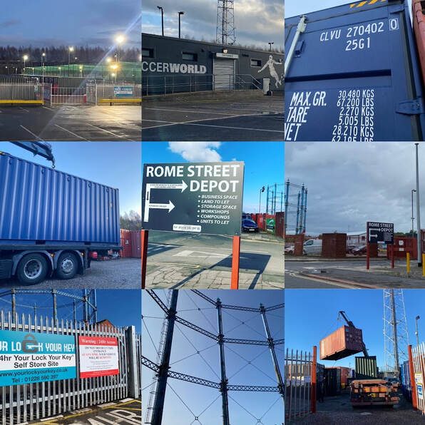 Collage of industrial images featuring containers, signage, and a depot entrance at the Rome Street Depot in Carlisle.