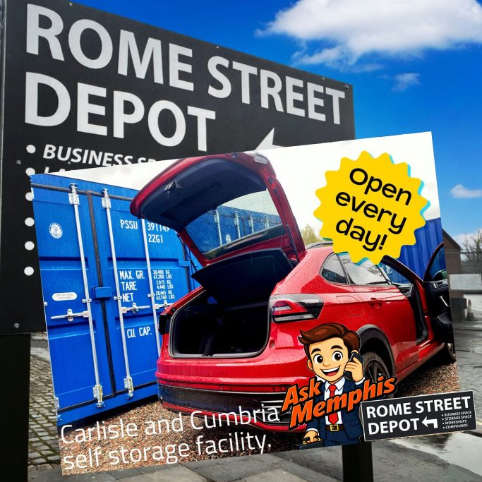 Sign for Rome Street Depot featuring a red car with open boot and a promotional message.