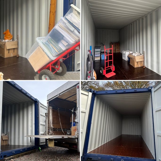 Various views of a shipping container, showing items being loaded and empty space inside.